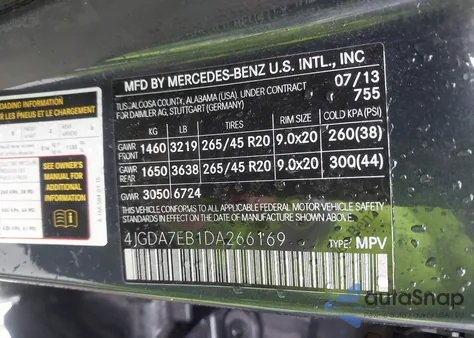 2013 Mercedes-Benz Ml 63 Amg 4Matic from USA, damaged, VIN 4JGDA7EB1DA266169